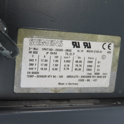 Siemens 1PH7103-2EG03-0BA3 AC Induction Servo Motor 8kW 2650RPM 440V