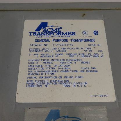 Acme T-2-53013-4S 3kVA General Purpose Transformer 240Vx480V Pri 120/240VSec 1Ph
