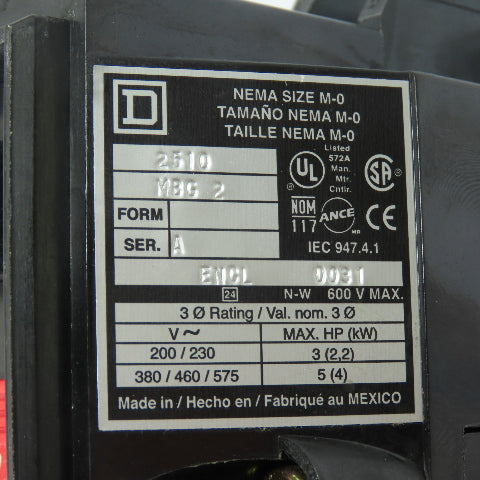 Square D 2510 MBG 2 NEMA Size M-0 Manual Starter 600V Max 3Ph