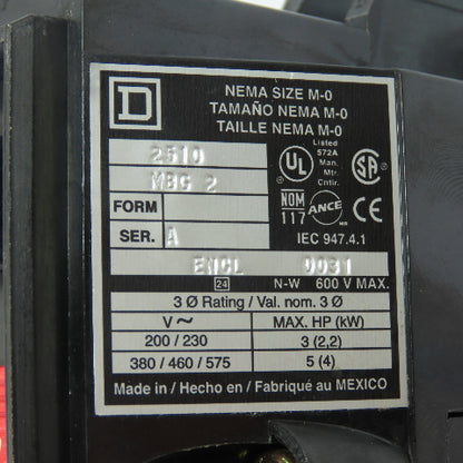 Square D 2510 MBG 2 NEMA Size M-0 Manual Starter 600V Max 3Ph
