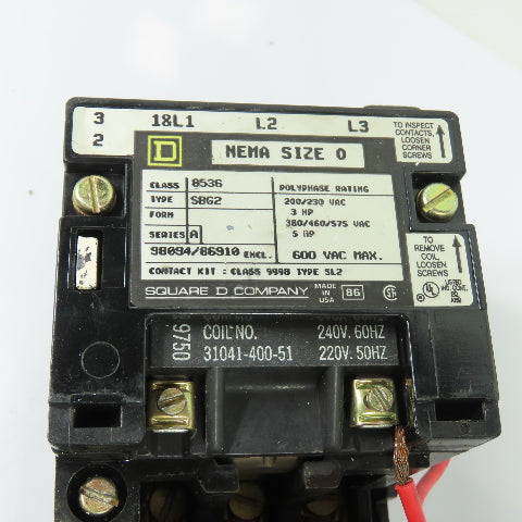 Square D 8536 SBG2 NEMA Size 0 Magnetic Motor Starter 120V Coil 600VAC Max