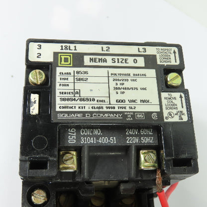 Square D 8536 SBG2 NEMA Size 0 Magnetic Motor Starter 120V Coil 600VAC Max