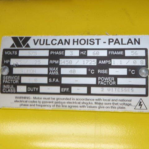 Vulcan 1 Ton 2 Speed Chain Hoist 575V 3Ph 15' Lift 24/48FPM W/ Power Trolley