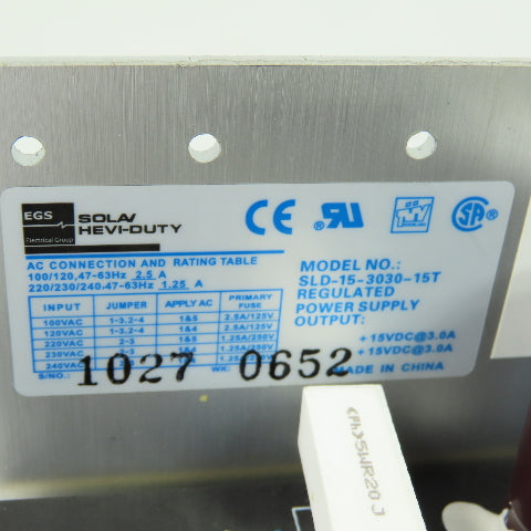 Sola/Hevi-Duty SLD-15-3030-15T Regulated Power Supply 100-240VAC +15VDC Output