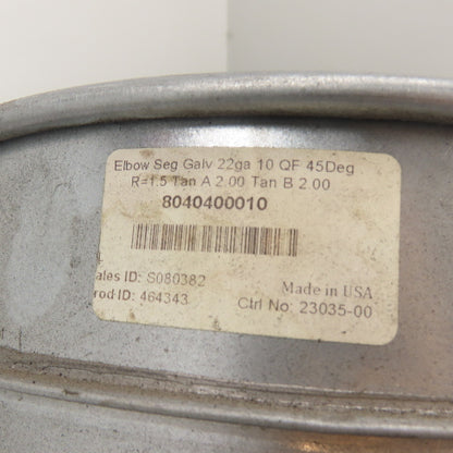 Nordfab 8040400010 10" QF 45° Galvanized Steel Segmented Duct Elbow 22ga