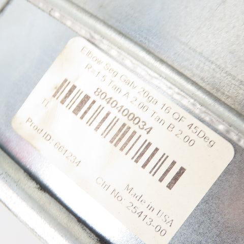 Nordfab 8040400034 16" 45° Elbow QF Duct Fitting 20ga Galvanized