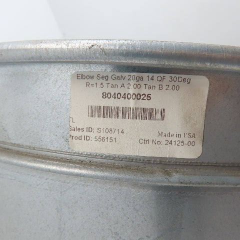 Nordfab 8040400025 14" 30° Quick-Fit Galvanized Duct Elbow 20ga