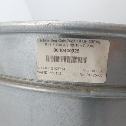 Nordfab 8040400025 14" 30° Quick-Fit Galvanized Duct Elbow 20ga