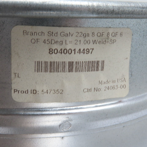 Nordfab 8040014497 8" x 6" QF 45° Galvanized Reducing Branch Duct 22ga