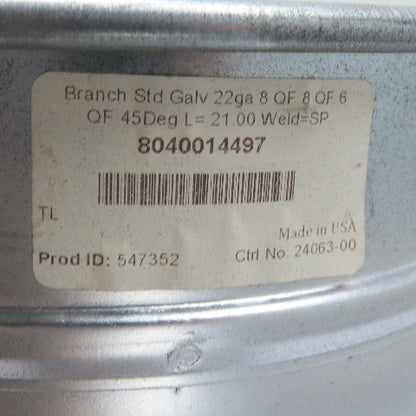 Nordfab 8040014497 8" x 6" QF 45° Galvanized Reducing Branch Duct 22ga