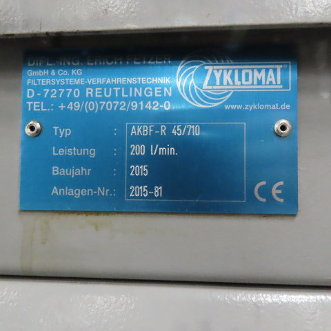 Zyklomat AKBF-R 45/710 120 Gallon Compact Belt Filter 2.20kW 480V 3Ph 200l/min
