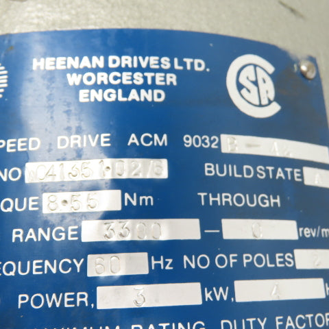 Heenan Drives ACM 9032 B-42 4HP Variable Speed Drive Motor 40VDC 3350RPM W/Brake