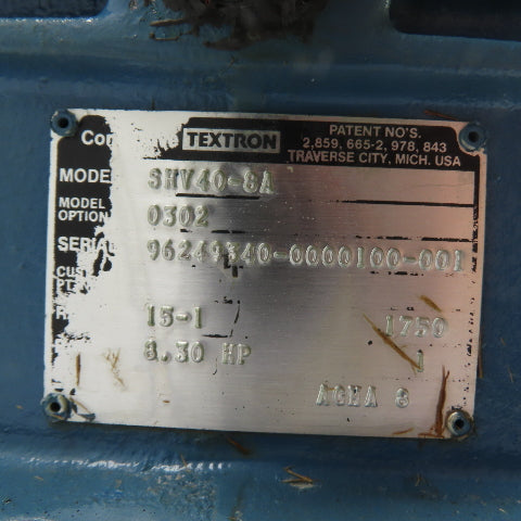 Textron Cone Drive SHV40-8A 15:1 Ratio Right Angle Gear Speed Reducer 116.66RPM