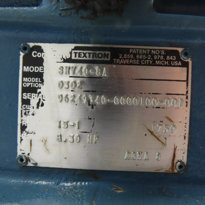 Textron Cone Drive SHV40-8A 15:1 Ratio Right Angle Gear Speed Reducer 116.66RPM