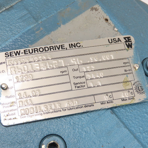 SEW-Eurodrive K66DV132S4 7.5HP 14.05:1Ratio Helical-Bevel Gearmotor 3Ph230V/460V