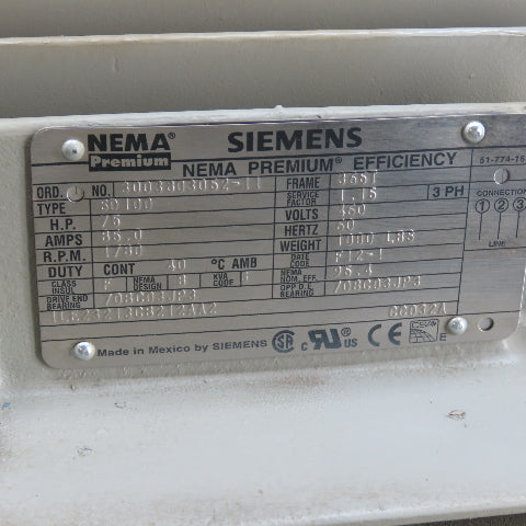SIEMENS 1LE23213CB212AA2 75HP 1780RPM 3Ph AC Electric Motor 460V 365T Frame NEW