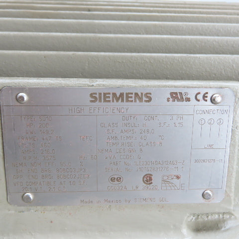 Siemens 1LE23014DA312AG3-Z SD10 200HP AC Electric Motor 460V 3575RPM 447TS Frame