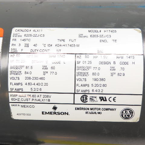 Emerson 4LX11 AC Electric Motor 1.5HP 1740RPM 3Ph 208-230/460V 145TC Frame