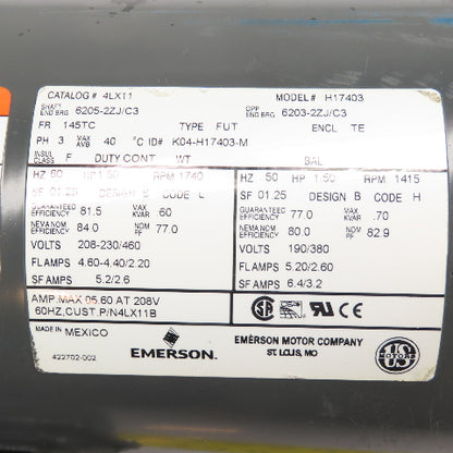 Emerson 4LX11 AC Electric Motor 1.5HP 1740RPM 3Ph 208-230/460V 145TC Frame