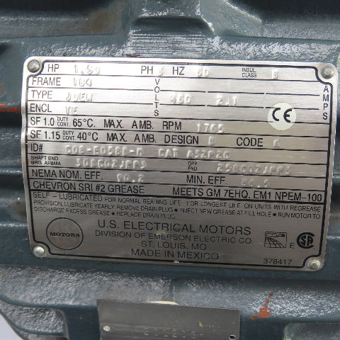 U.S. Electrical Motors A32P2C 1.5HP AC Electric Motor 460V 3Ph 1765RPM 184 Frame