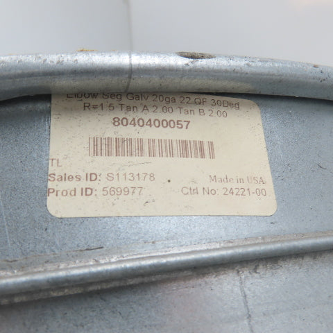 Nordfab 8040400057 22" Quick Connect 30° Galvanized Steel Duct Elbow 20Ga