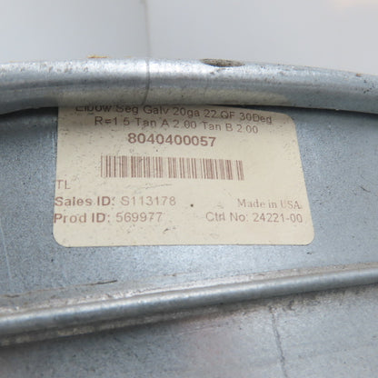 Nordfab 8040400057 22" Quick Connect 30° Galvanized Steel Duct Elbow 20Ga