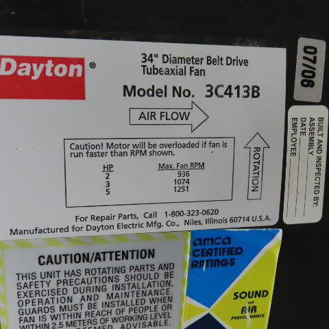 Dayton 3C413B 34" Belt Drive Tubeaxial Fan No Motor!
