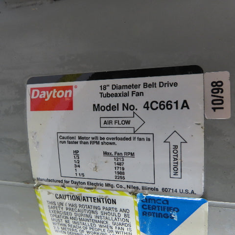 Dayton 4C661A 18" Belt Drive Tubeaxial Fan 3/4HP 3Ph 208-230/460V