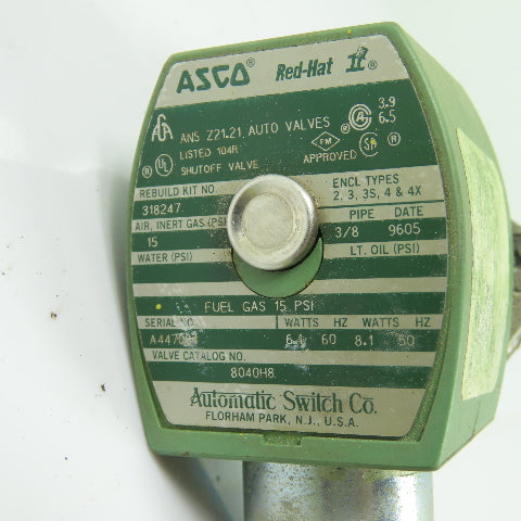 ASCO 8040H8 Red-Hat II Solenoid Fuel Gas Shutoff Valve 3/8" NPT 120V 15 PSI