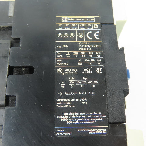 Telemecanique LC1 D40 11 600VAC 60A 30HP Contactor 120V Coil 60A