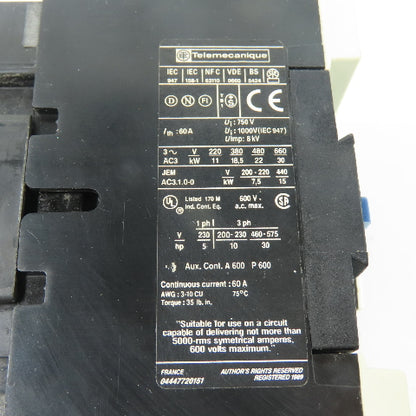 Telemecanique LC1 D40 11 600VAC 60A 30HP Contactor 120V Coil 60A