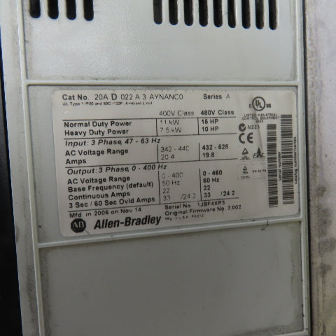 Allen-Bradley 20AD022A3AYNANCO PowerFlex 70 15HP AC Drive 480VAC 3Ph