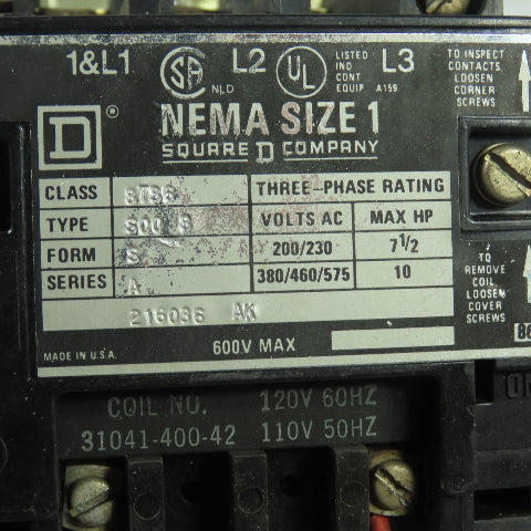 Square D 8736 SC0 8 NEMA Size 1 Motor Starter 120V Coil 60Hz 3Ph 10HP 600V
