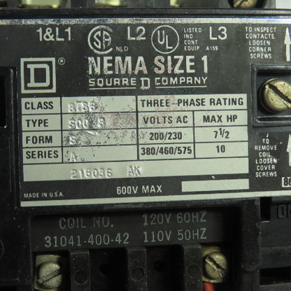 Square D 8736 SC0 8 NEMA Size 1 Motor Starter 120V Coil 60Hz 3Ph 10HP 600V