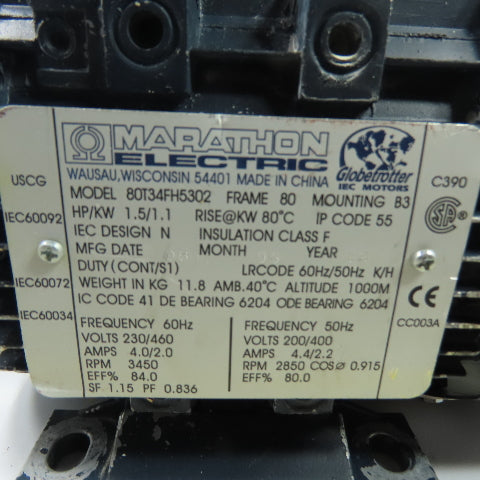 Marathon Electric 80T34FH5302 1.5HP Electric Motor 230V/460V 3450RPM 80 Frame