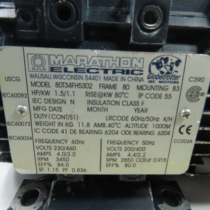 Marathon Electric 80T34FH5302 1.5HP Electric Motor 230V/460V 3450RPM 80 Frame