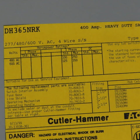 Cutler Hammer DH365NRK 400A 3 Pole Safety Disconnect Switch 600V