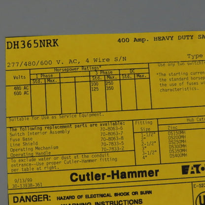 Cutler Hammer DH365NRK 400A 3 Pole Safety Disconnect Switch 600V