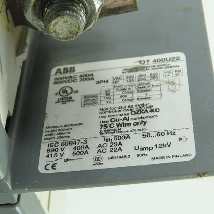 ABB OT400U22 400A Non-Fusible Safety Disconnect Switch 600VAC
