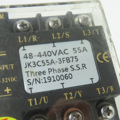 Jaki JK3C55A-3FB75 3Ph Solid State Relay 55A 48-440VAC 6-32VDC Input