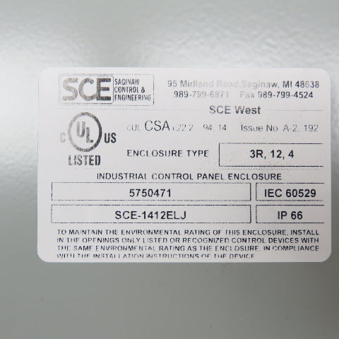 Saginaw SCE-1412ELJ 14" x 12" x 6" Electrical Enclosure Hinged Door NEW