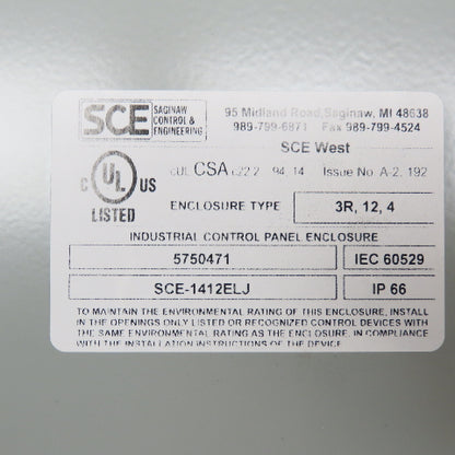 Saginaw SCE-1412ELJ 14" x 12" x 6" Electrical Enclosure Hinged Door NEW