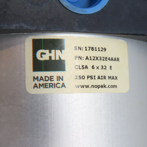 GHN Nopak A12X32E4AAR Pneumatic Air Cylinder 250 PSI Max 6" Bore x 32" Stroke