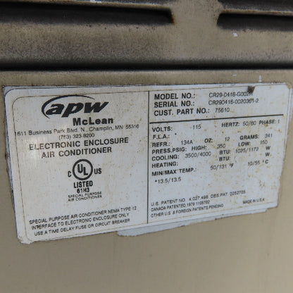 apw McLean CR29-0416-G002H Electronic Enclosure Air Conditioner 115V 1Ph