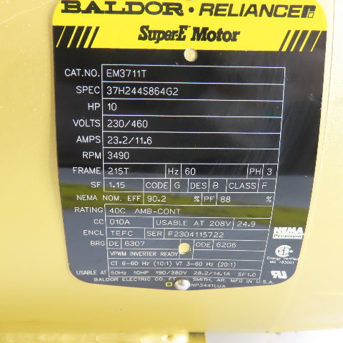 Baldor-Reliance EM3711T 10HP AC Electric Motor 230/460V 3Ph 215T 3490RPM