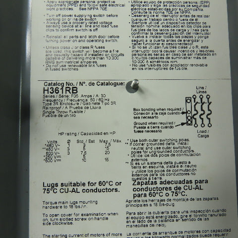 Square D H361RB 30A 3-Pole Fusible Safety Disconnect Switch 600VAC 600VDC