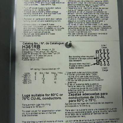 Square D H361RB 30A 3-Pole Fusible Safety Disconnect Switch 600VAC 600VDC
