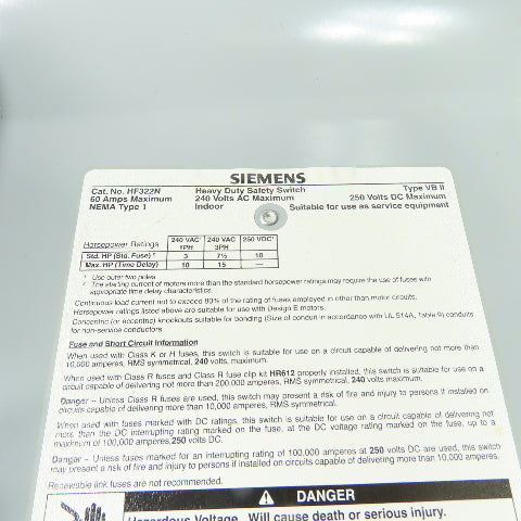 Siemens HF322N 60A 3-Pole Fusible Safety Disconnect Switch 240VAC 250VDC