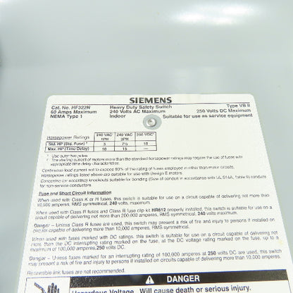Siemens HF322N 60A 3-Pole Fusible Safety Disconnect Switch 240VAC 250VDC