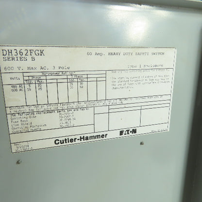 Cutler-Hammer DH362FGK 60A 3-Pole Fusible Safety Disconnect Switch 600V 3Ph